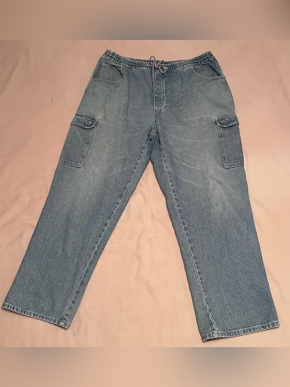 R&R Elastic Waist Draw String Relaxed Fit Men's Cargo Jeans in Washed Blue Denim